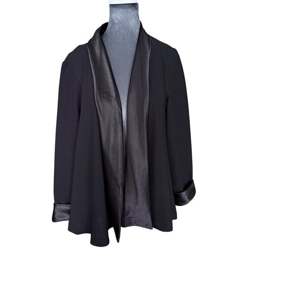 Black Satin-Trim Open Front Jacket By Another Thyme - Picture 1 of 5